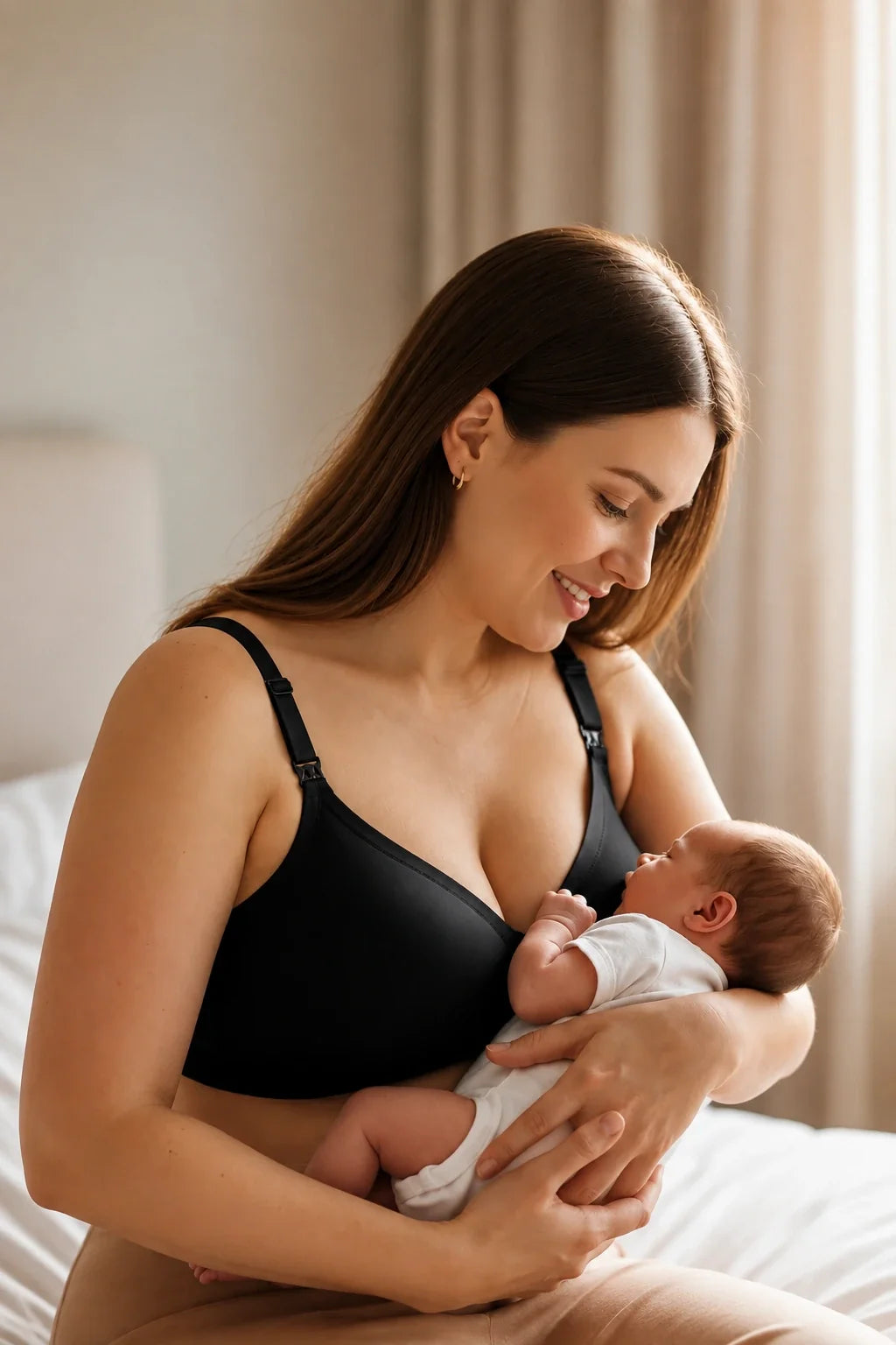 Maman portant le soutien-gorge d'allaitement Mamanova™ noir avec son bébé dans les bras